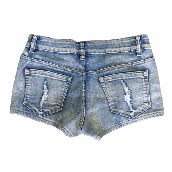 Junior’s Chiqle S Small 3 - 5 Destroyed Denim Jeans Shorts Crochet Navy Blue New - Picture 4 of 7